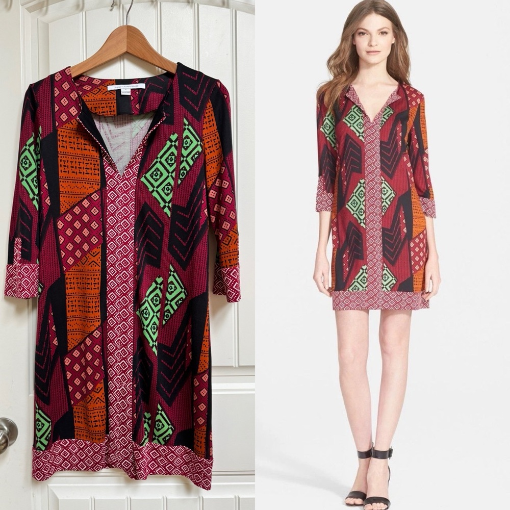Diane Von Furstenberg Silk Jersey Abstract Print 3/4 Sleeve V Neck Tunic Dress 6